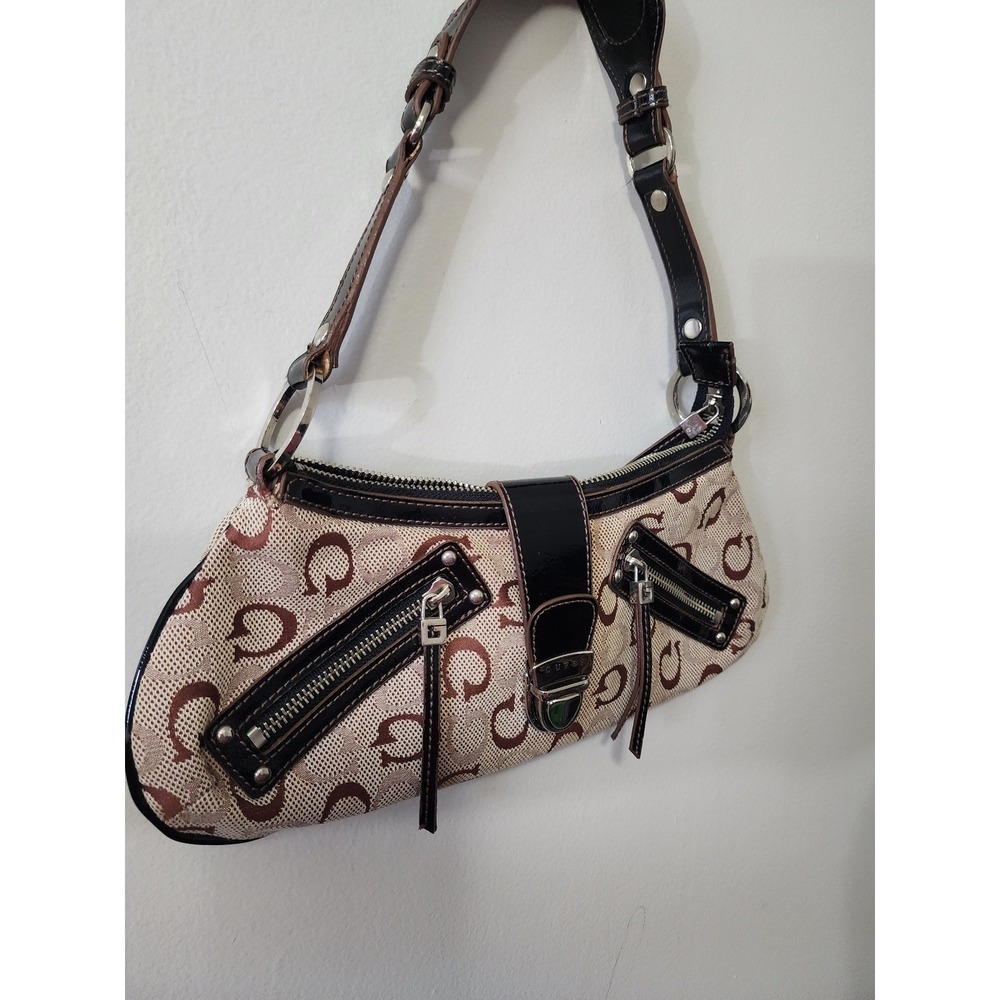 Vintage Y2K GUESS Monogram Baguette Shoulder Bag Brown Pink Patent Zip Pockets